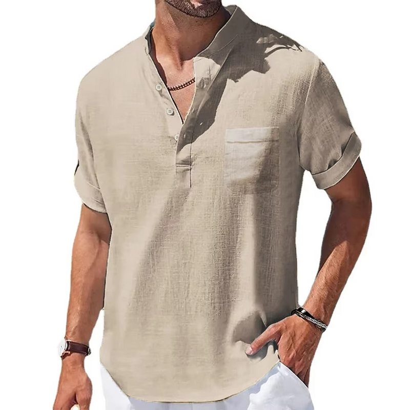 Men's Summer Cotton Linen Short Sleeve Henley Collar Casual Shirt