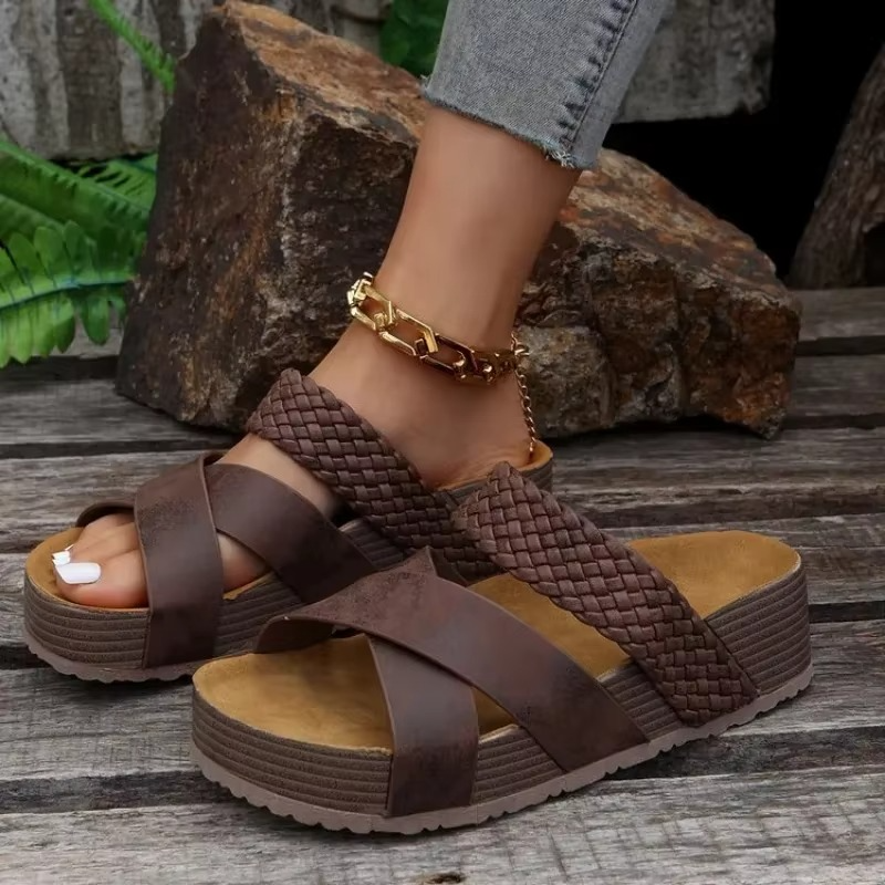 Women’s Summer Sandals - Open Toe Crossover Slip-On Platform Flats up to Size 12
