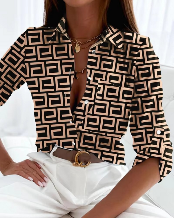 Elegant Stripe Print Women’s Blouse – Long Sleeve Slim Fit Office Top