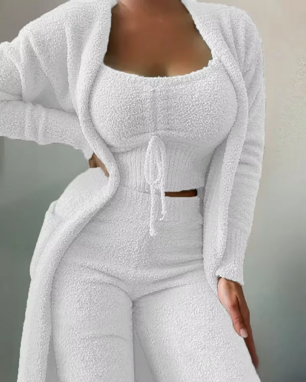 2025 Luxury Women’s Plush Pajama Set 3‑Piece Cozy Crop Top Long Pants and Coat