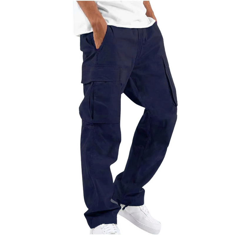2025 Men's Solid Cargo Pants with Multi Pocket Design and Adjustable Drawstring