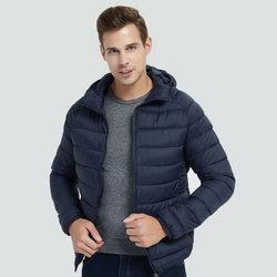 Men's Lightweight Hooded Cotton Down Jacket with Zip Pockets – Casual Winter Parka