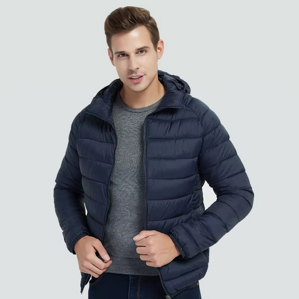 Men's Lightweight Hooded Cotton Down Jacket with Zip Pockets – Casual Winter Parka
