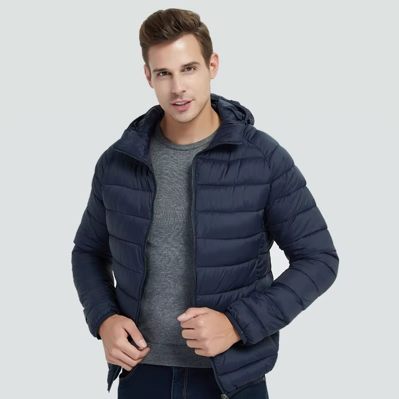 Men's Lightweight Hooded Cotton Down Jacket with Zip Pockets – Casual Winter Parka