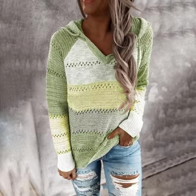 Cozy Patchwork Hooded Sweater for Women, Long Sleeve Striped Knit Pullover