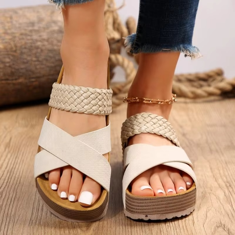 Women’s Summer Sandals - Open Toe Crossover Slip-On Platform Flats up to Size 12