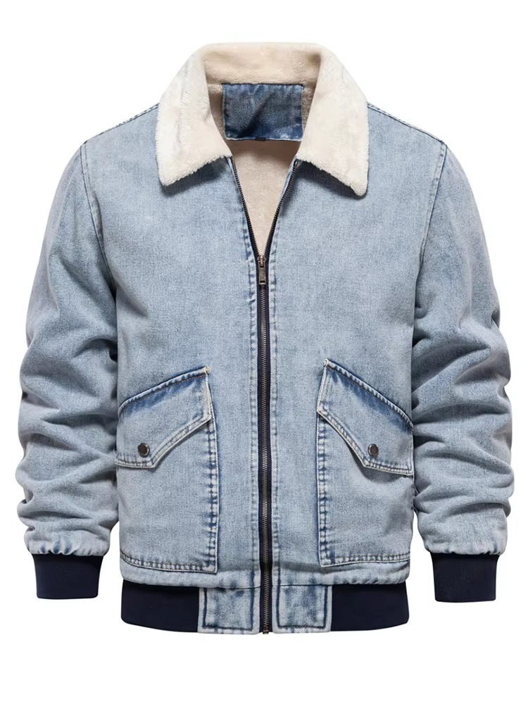 Men's Fleece Lined Denim Jacket with Faux Fur Collar