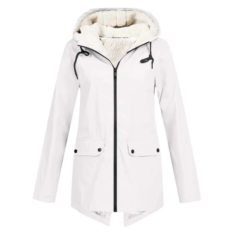 Women's Waterproof Hooded Velvet-Lined Windbreaker Trench Coat for Autumn and Winter