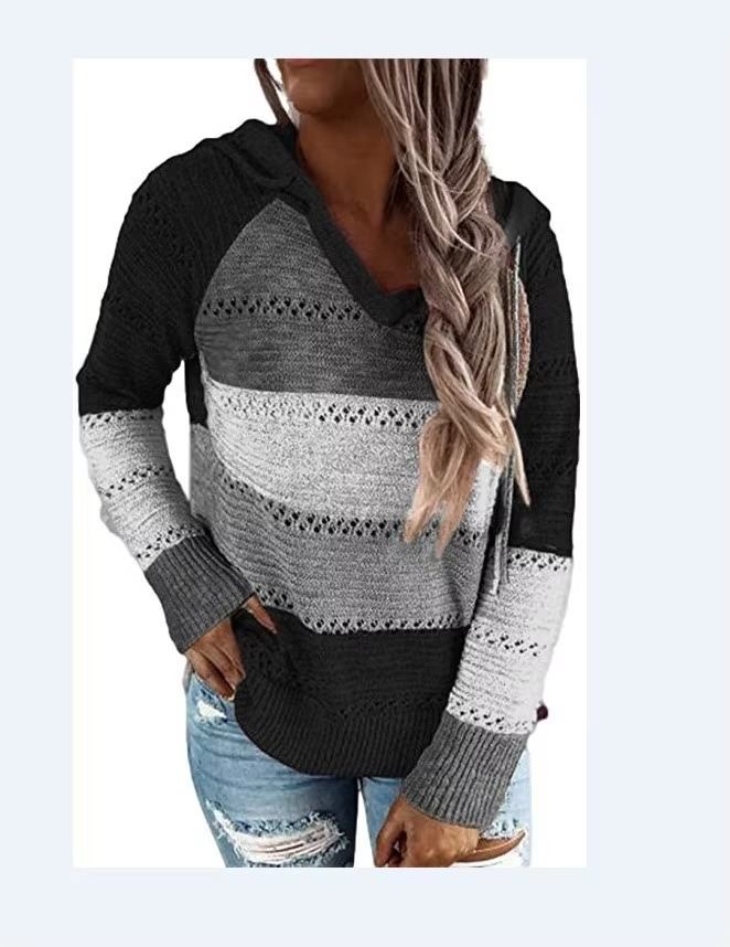 Cozy Patchwork Hooded Sweater for Women, Long Sleeve Striped Knit Pullover