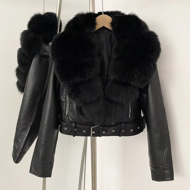 Women's Sheepskin Leather Coat with Real Fox Fur Collar — Warm Slim Fit Winter Jacket