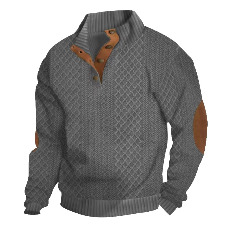 Men's Jacquard Knit Button-Down Sweater with Standing Collar, Long Sleeve