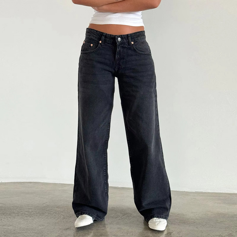 Retro Washed Mid Waisted Straight Leg Jeans for Women