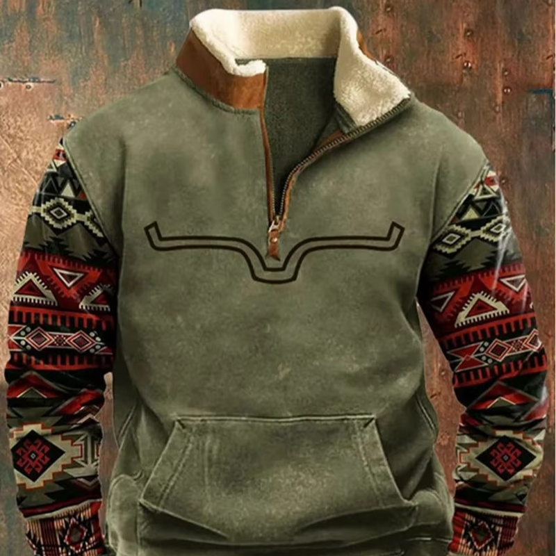 Men’s Retro 3D Printed Hooded Jacket with Leather Collar and Zipper Closure