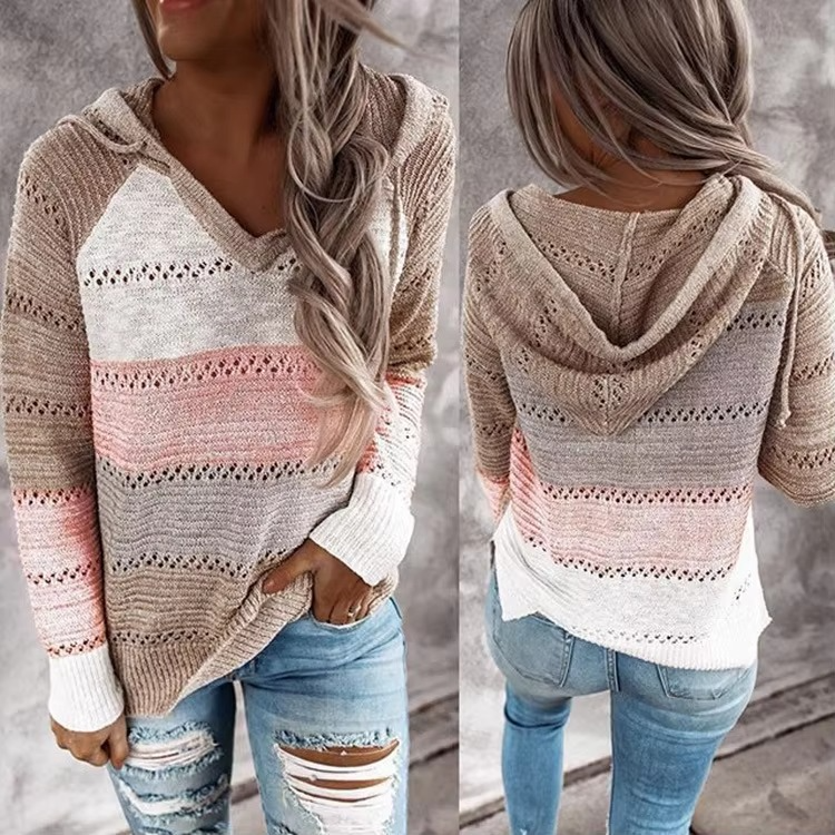 Cozy Patchwork Hooded Sweater for Women, Long Sleeve Striped Knit Pullover