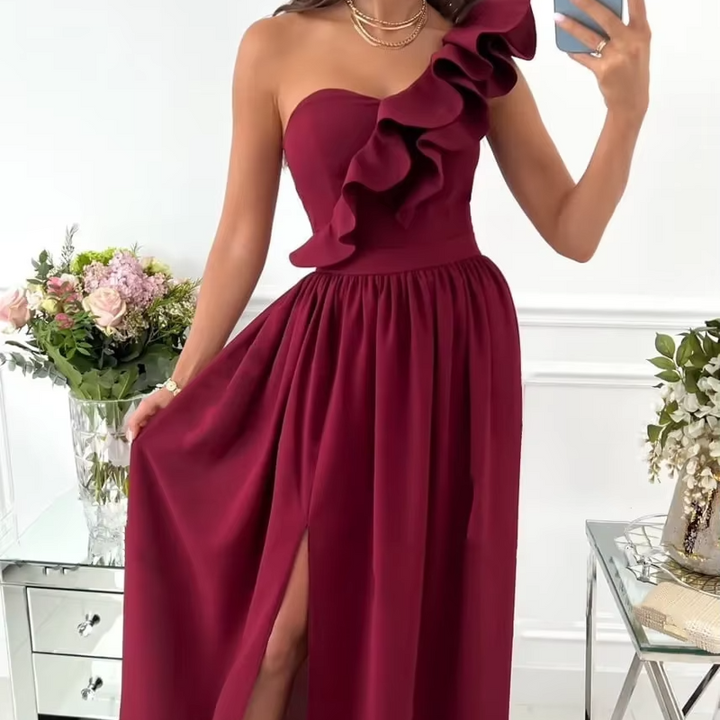 Ruffle Edge One Shoulder Maxi Dress with Side Slit