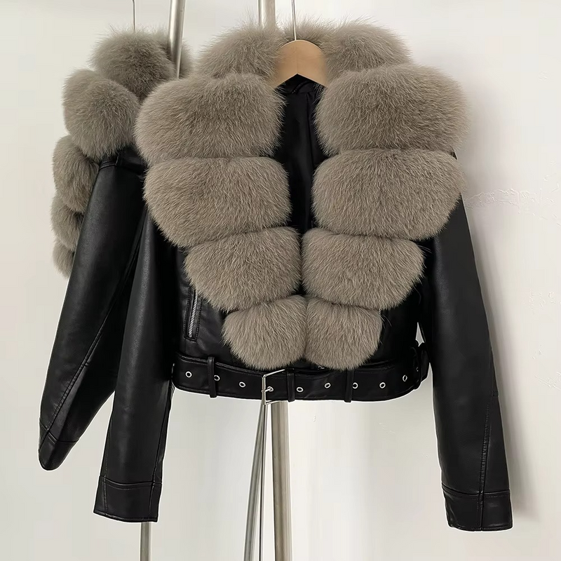 Women's Sheepskin Leather Coat with Real Fox Fur Collar — Warm Slim Fit Winter Jacket