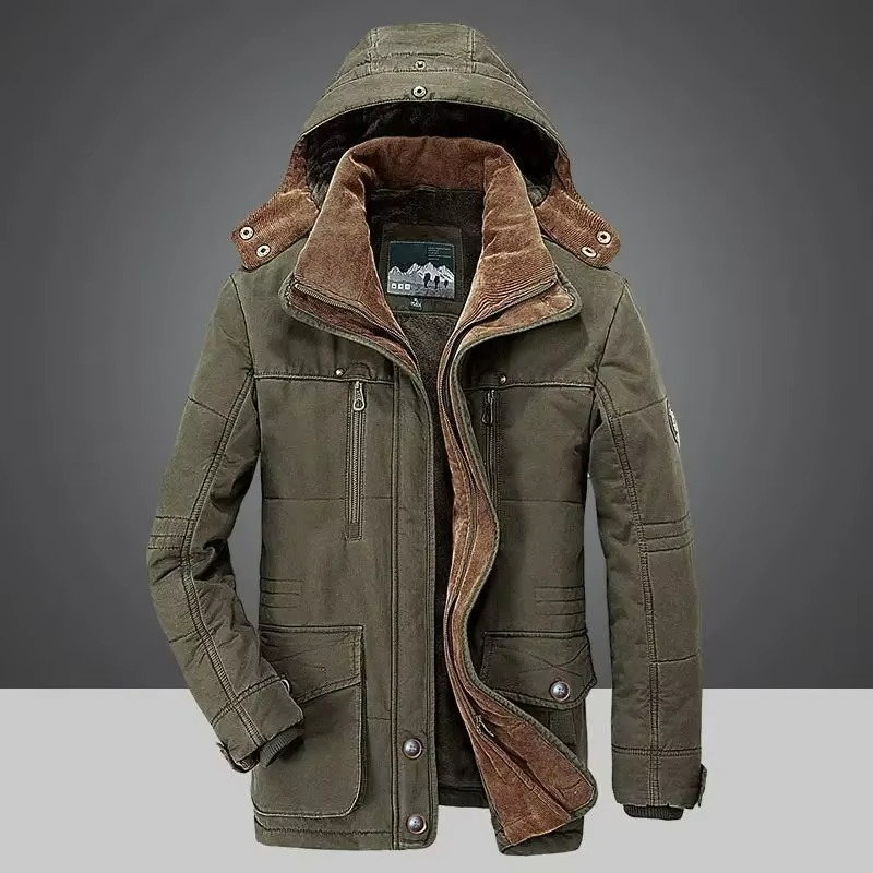 Men's Winter Parka Jacket with Thick Fleece Lining and Multi-Pocket Design