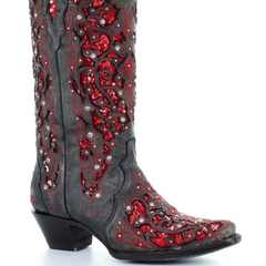 Long Sequined Boots with Pointed Toe and Color Block Embroidery, Thick Heel