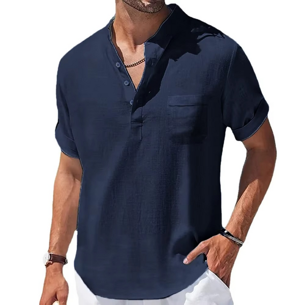Men's Summer Cotton Linen Short Sleeve Henley Collar Casual Shirt