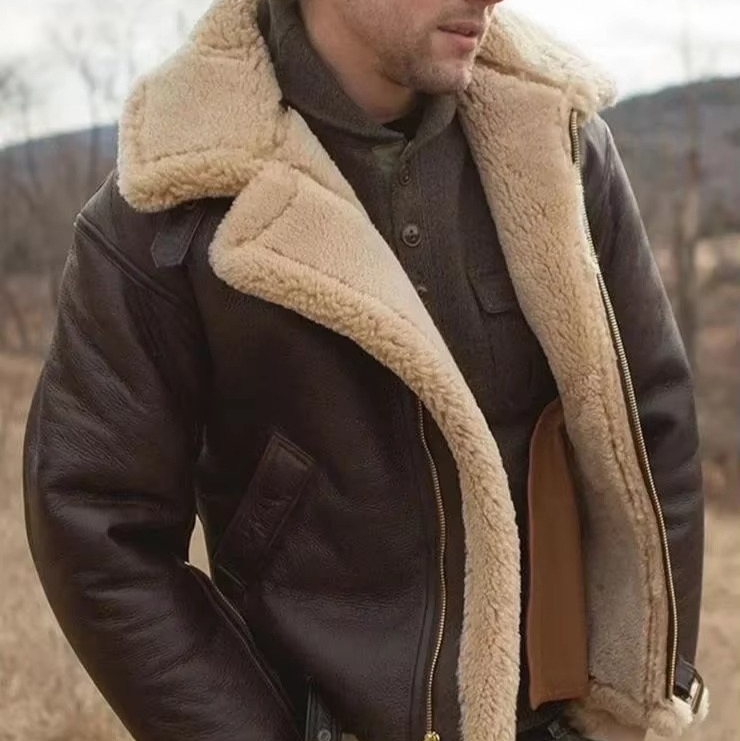Men's Faux Leather Autumn Winter Coat with Warm Lining and Zippered Pockets