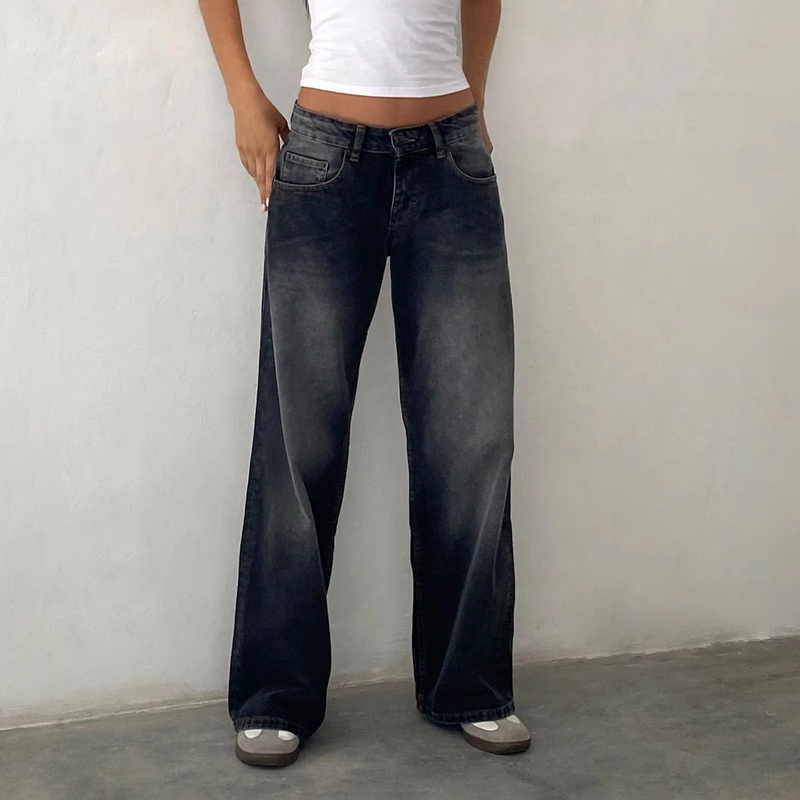 Retro Washed Mid Waisted Straight Leg Jeans for Women