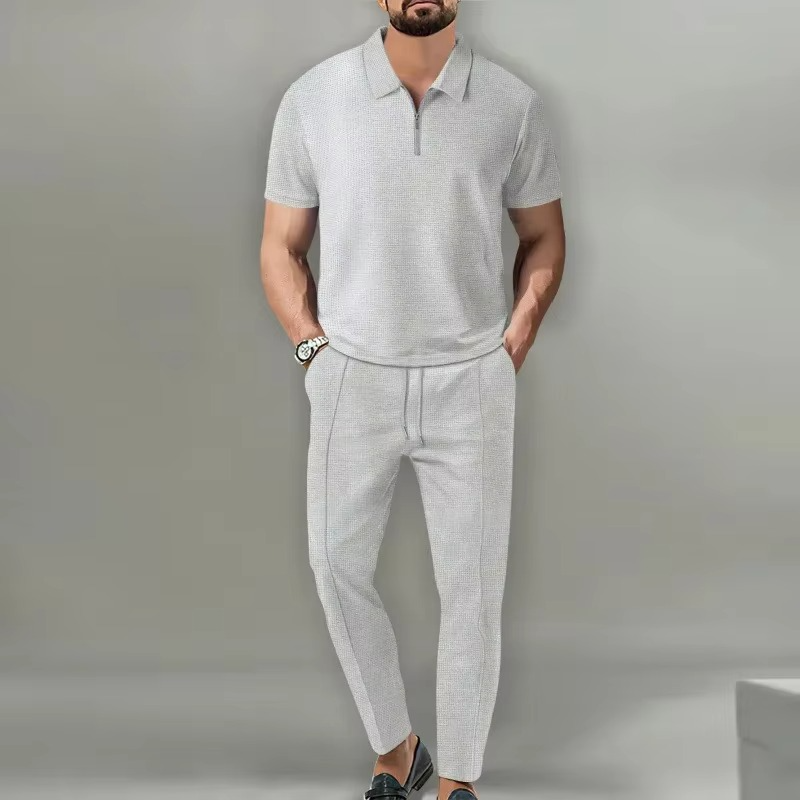 Men's 2-Piece Solid Color Waffle Collar Short Sleeve Zip Pants Set
