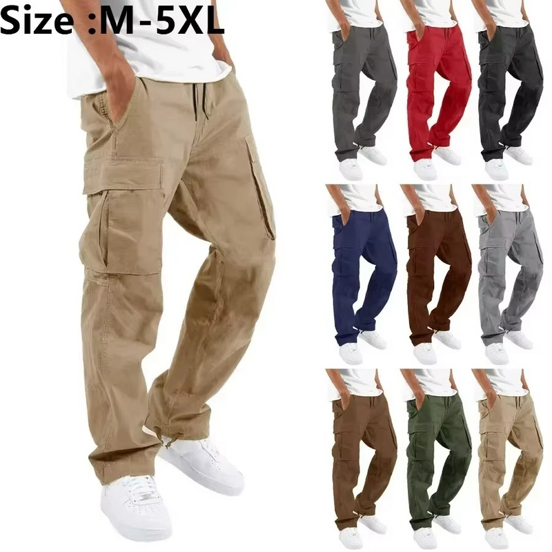 2025 Men's Solid Cargo Pants with Multi Pocket Design and Adjustable Drawstring