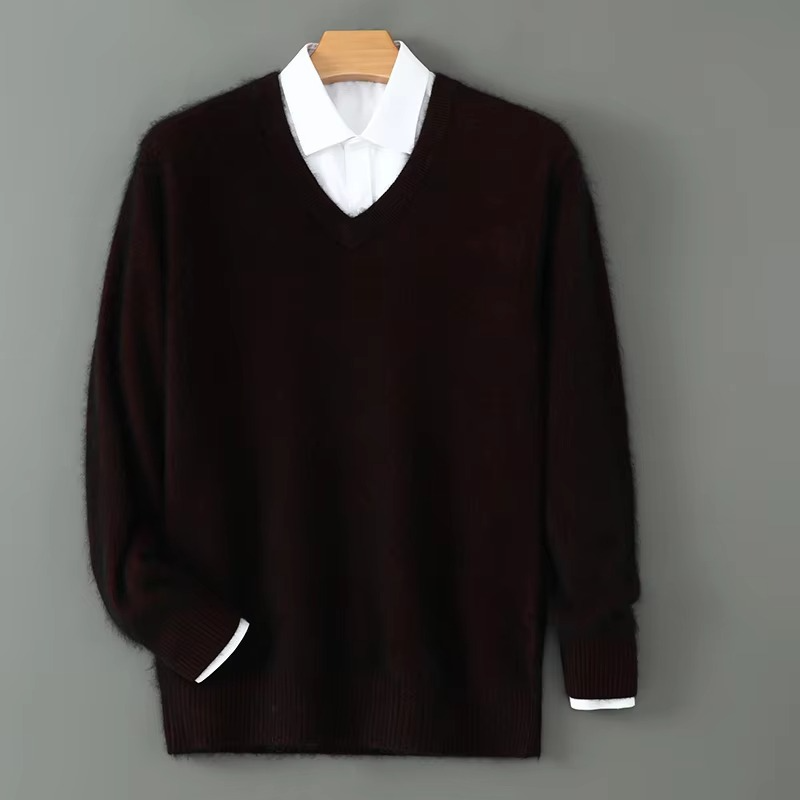 Men's Winter Cashmere Blend V Neck Sweater, Warm Knitted Pullover, Loose Fit Plus Size