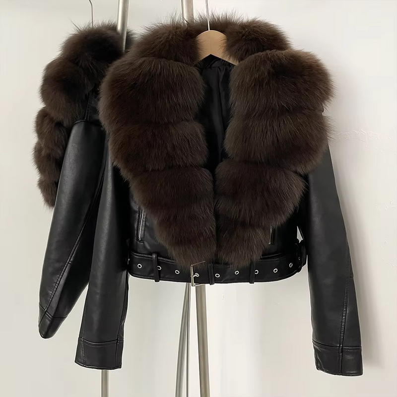 Women's Sheepskin Leather Coat with Real Fox Fur Collar — Warm Slim Fit Winter Jacket