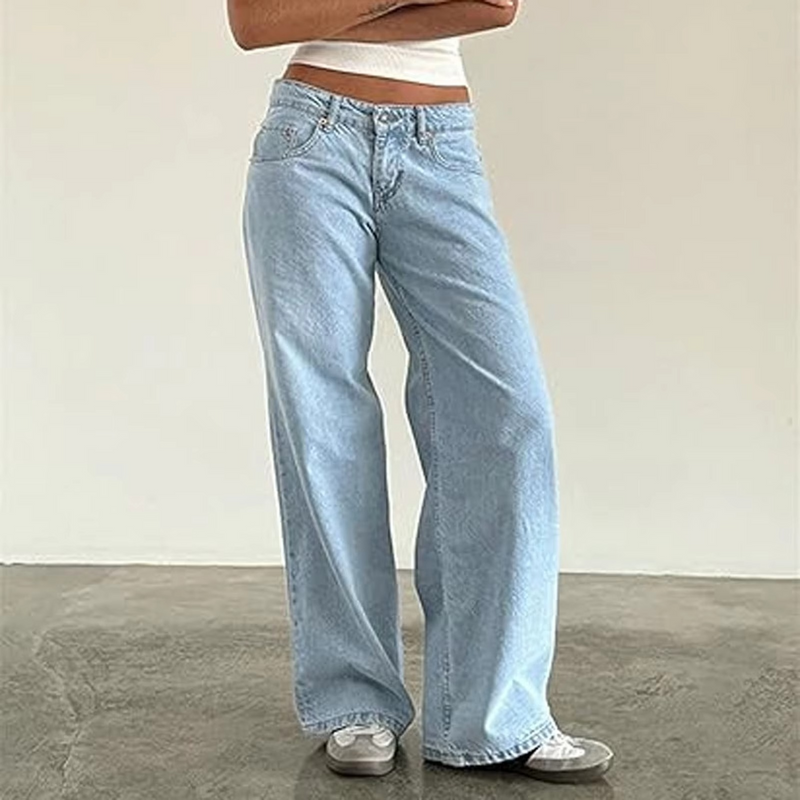 Retro Washed Mid Waisted Straight Leg Jeans for Women