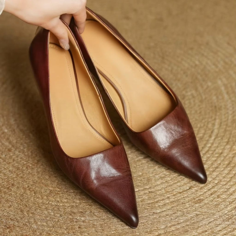 Women's Genuine Cow Leather Pointed Toe Slip-On Pumps, Soft Comfortable Elegant 1.8 Inch Thin Heel Dress Shoes