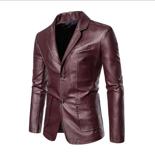 Men's Business Casual Leather Jacket with Suit Collar – Slim Fit, Black or Khaki, Sizes up to 5XL