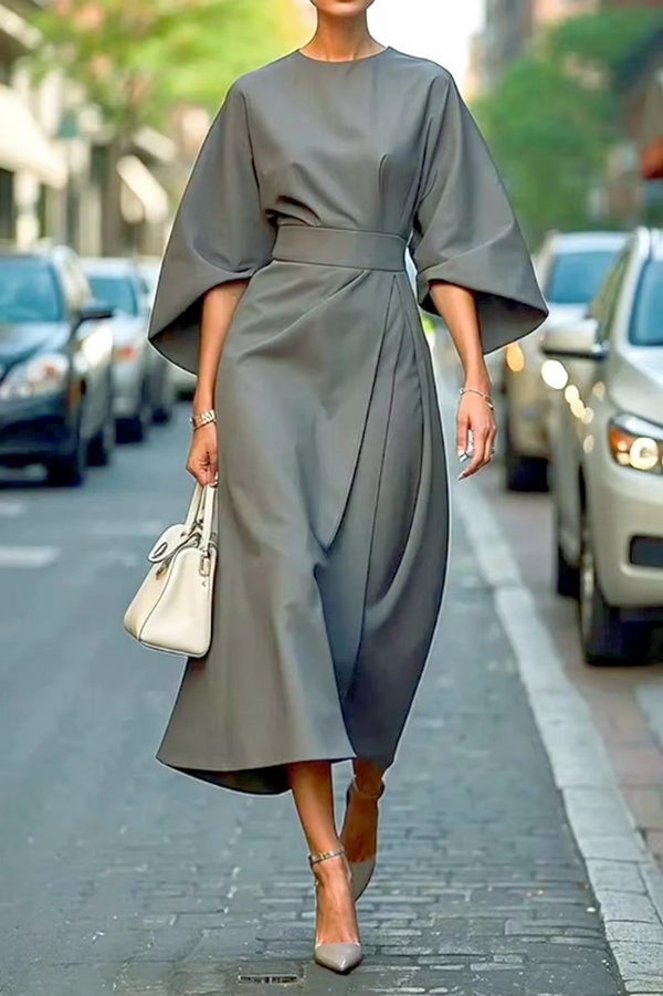 Elegant Solid Color Bat Sleeve Dress with Defined Waist