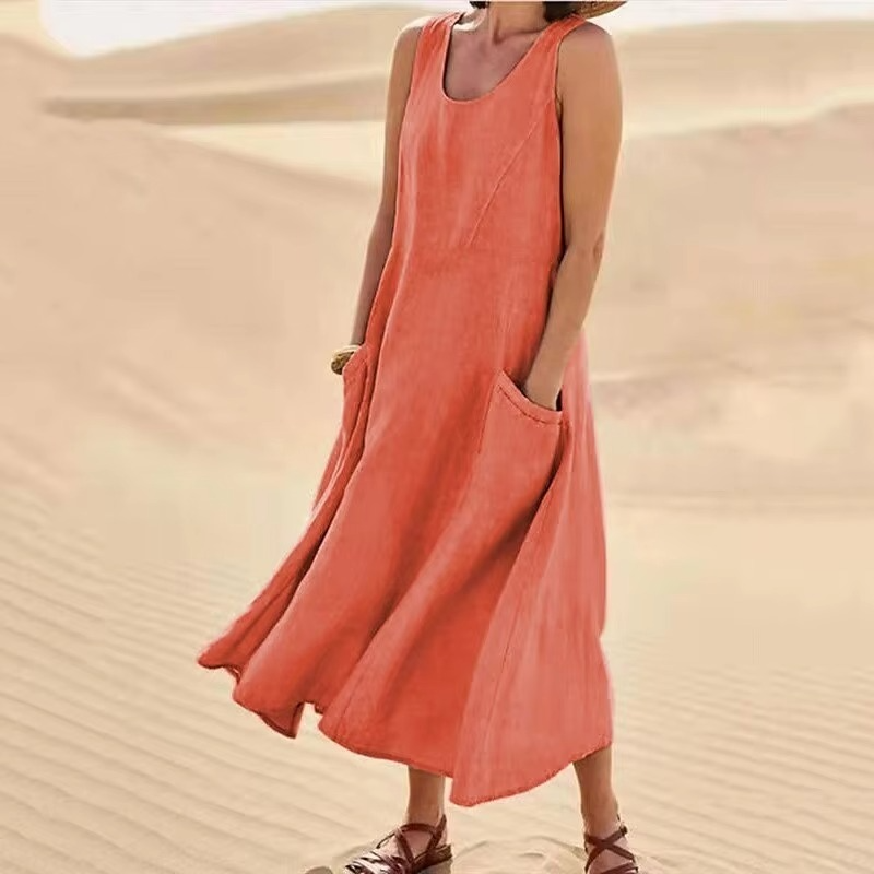 Women’s Cotton Linen Sleeveless Maxi Sundress with Pockets, Loose Fit Beachwear S-5XL