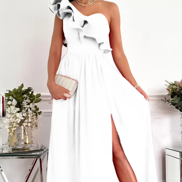Ruffle Edge One Shoulder Maxi Dress with Side Slit