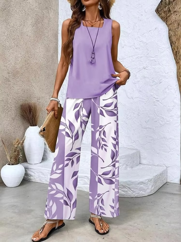 Women's Digital Print Square Collar Vest and Long Trousers Two-Piece Set