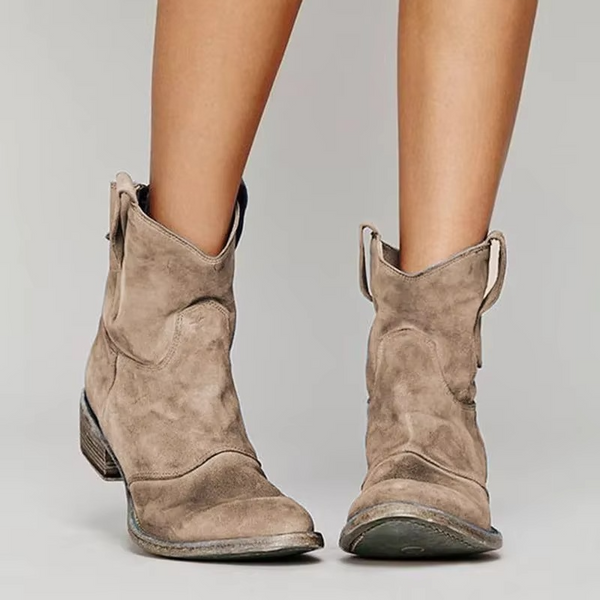 Women’s Vintage Western Ankle Boots – Pointed Toe Low Heel Slip-On Booties