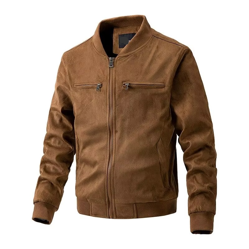 Men’s Autumn Winter Suede Jacket with Stand Collar, Zipper Front, and Lightweight Cotton Lining