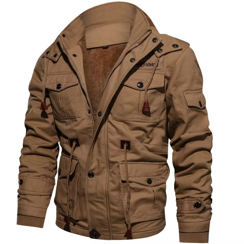 Men's Fleece Lined Hooded Cargo Jacket for Winter Outdoor Comfort