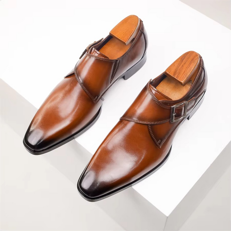 Men's Genuine Cow Leather Buckle Pointed Dress Shoes