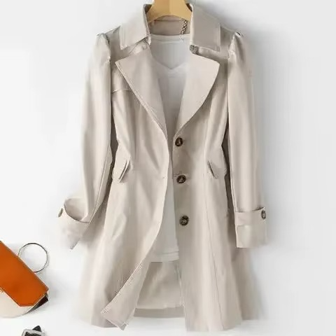 Elegant Mid-Length Trench Coat for Women, Slim Fit Single-Breasted Jacket with Turn-Down Collar