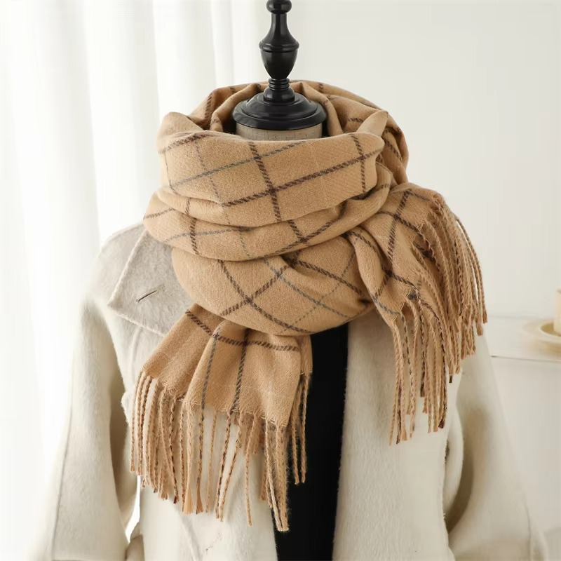 Cozy Cashmere Plaid Winter Scarf for Women, Thick Pashmina Shawl with Tassels