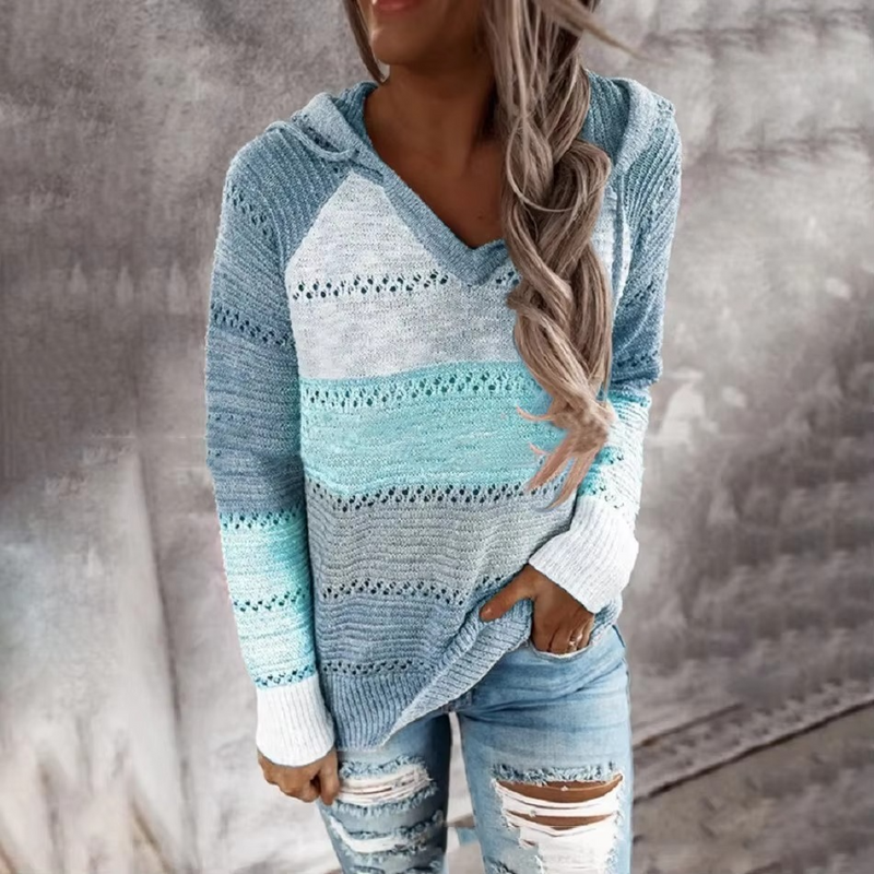 Cozy Patchwork Hooded Sweater for Women, Long Sleeve Striped Knit Pullover