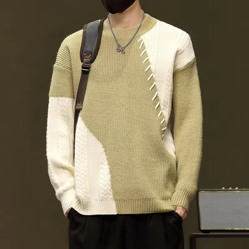 Men's Autumn Winter Patchwork Knit Sweater O Neck Casual Pullover