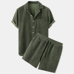 Men's Summer Corduroy 2-Piece Set – Short Sleeve Lapel Shirt with Matching Shorts