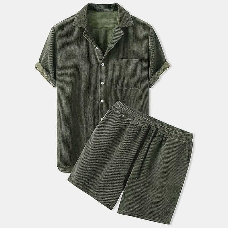 Men's Summer Corduroy 2-Piece Set – Short Sleeve Lapel Shirt with Matching Shorts