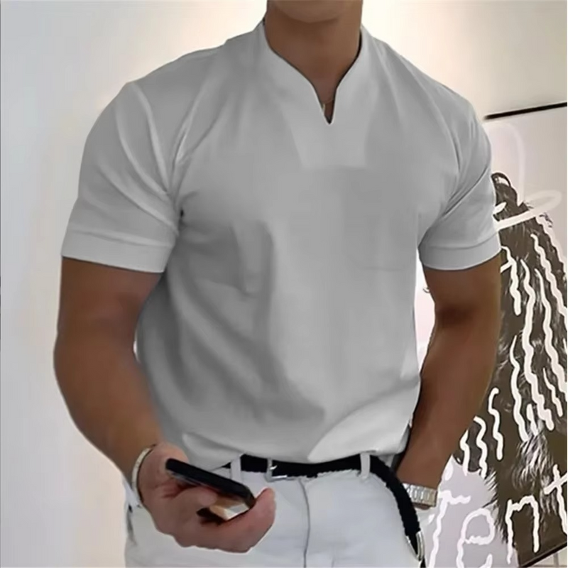 Men’s Summer V-Neck Short Sleeve T-Shirt - Elastic Cotton Athletic and Casual Fit
