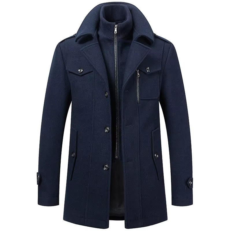 Men’s Mid-Length Wool Trench Coat, Double Collar Zipper Overcoat for Fall and Winter