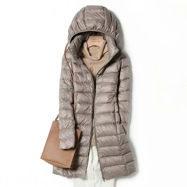Women’s Lightweight Long Hooded Down Parka – Slim Fit, Warm, and Stylish