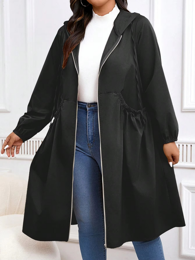 Women's Plus Size Zip Up Hooded Coat with Drawstring Waist and Pockets for Fall and Winter